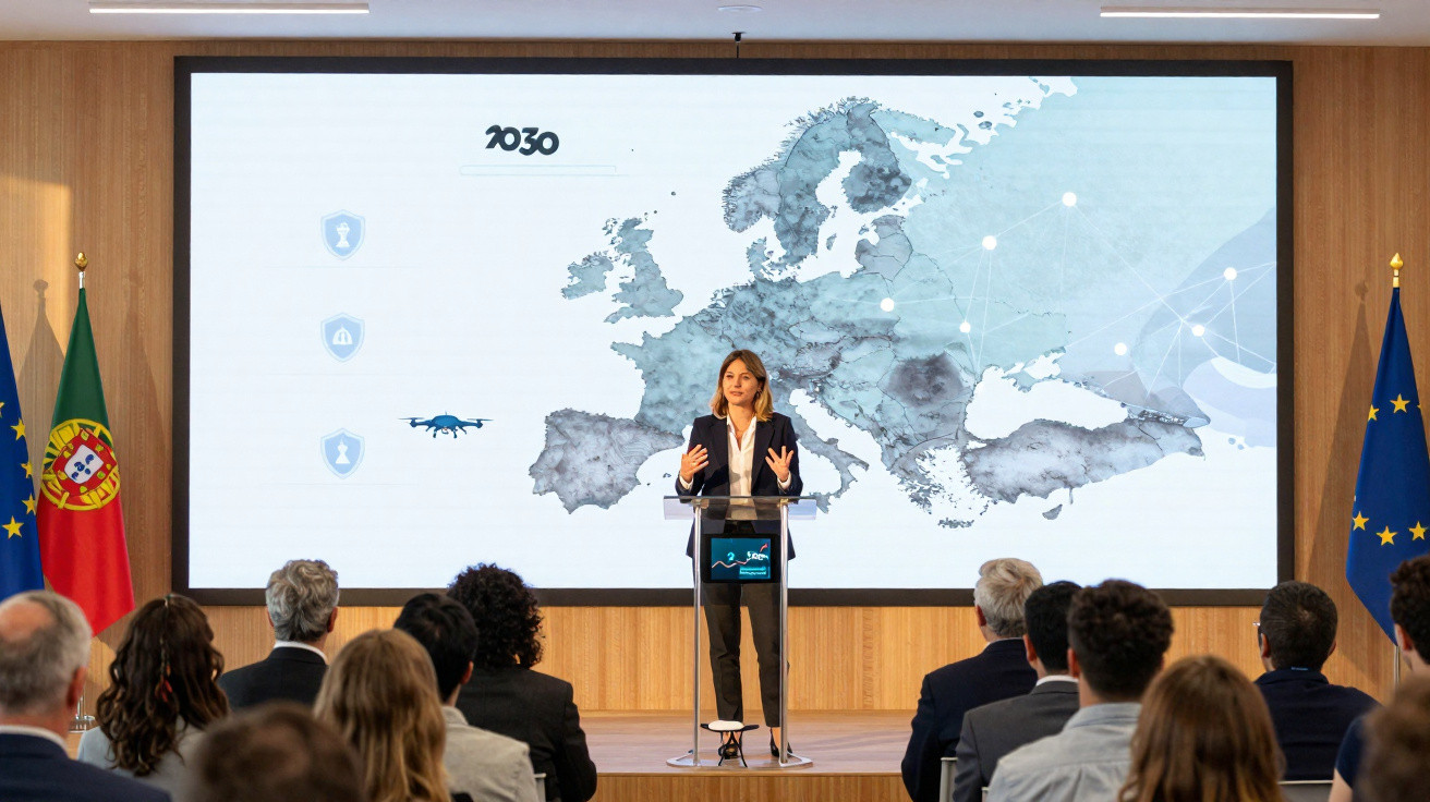 Mulher apresenta plano estratégico Europa 2030 a audiência, bandeiras de Portugal e UE ao lado.