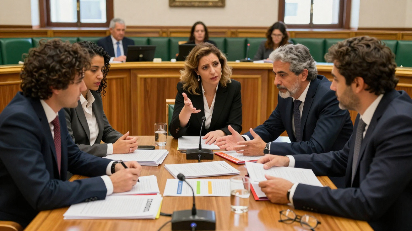 Grupo de cinco pessoas em reunião formal à mesa com documentos e copos de água numa sala de conferências.