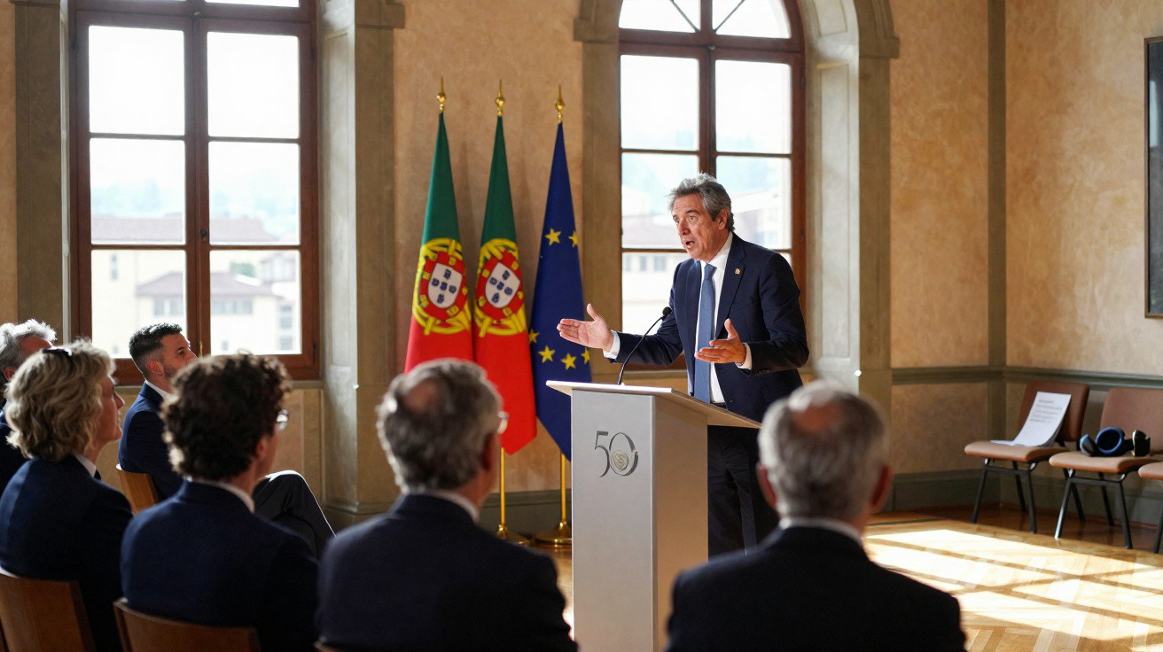 Homem a discursar num púlpito com bandeiras de Portugal e da União Europeia atrás, perante uma audiência sentada.