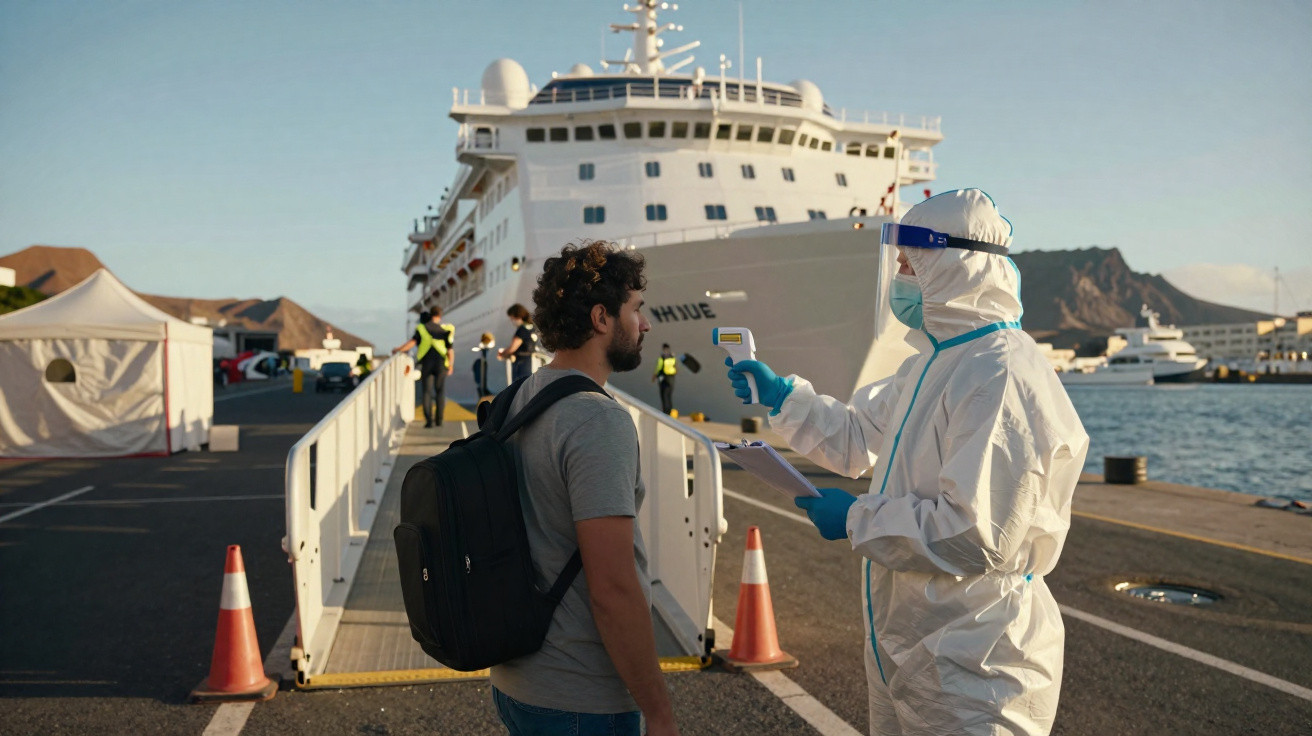 Passageiro tem medição de temperatura por profissional em equipamento de proteção junto a navio atracado.