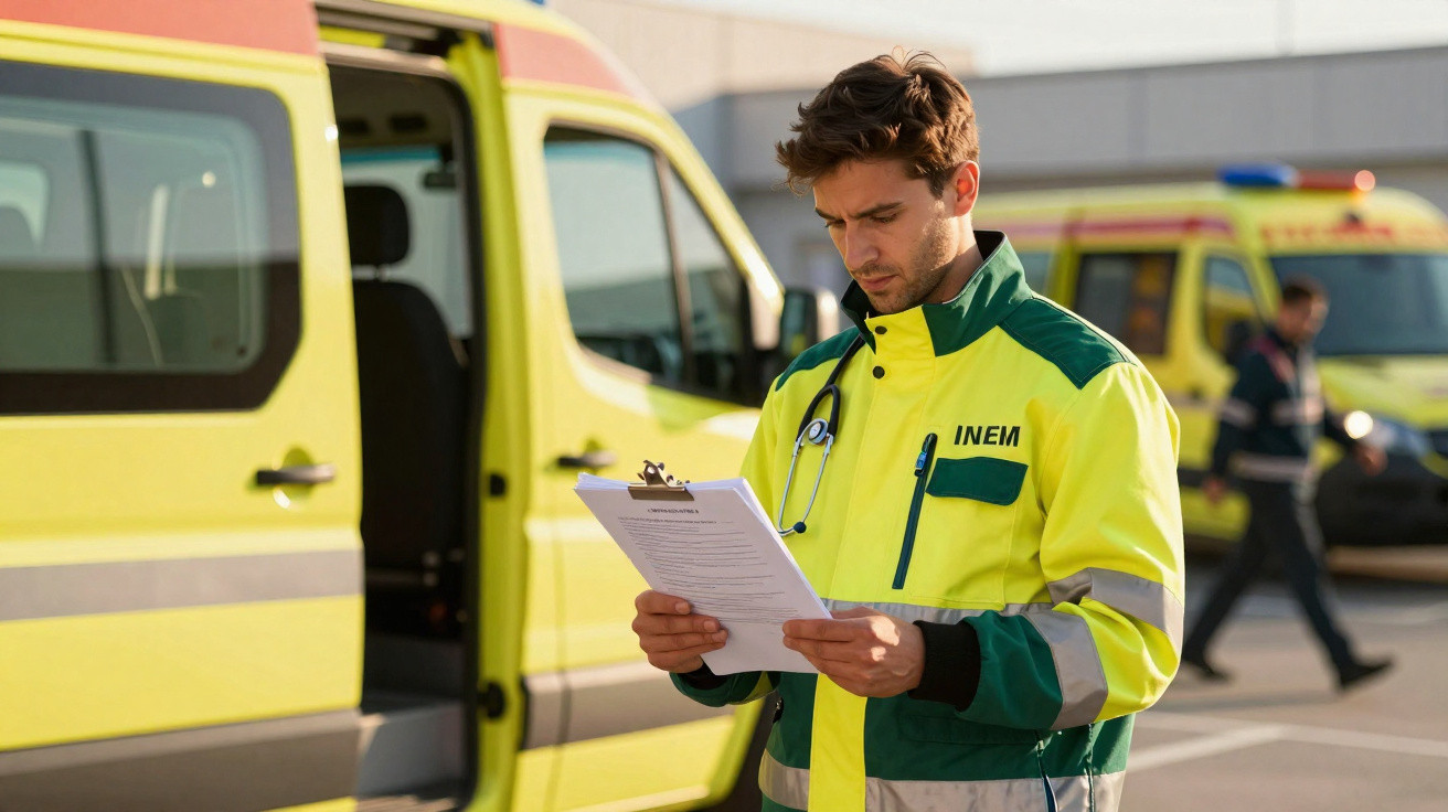 Profissional de saúde do INEM a consultar documentos junto a ambulâncias estacionadas.