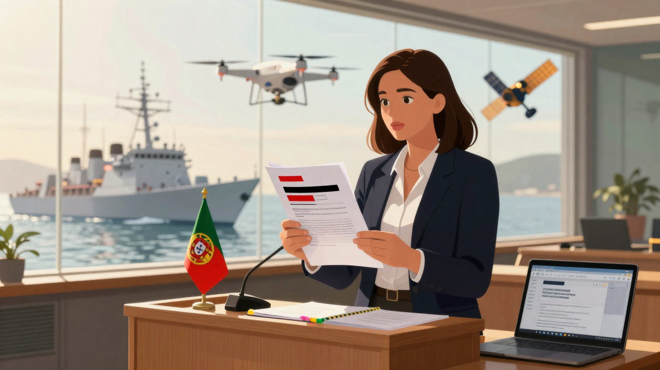 Mulher de negócios a apresentar documentos num escritório com vista para um navio, drone e satélite, bandeira de Portugal.