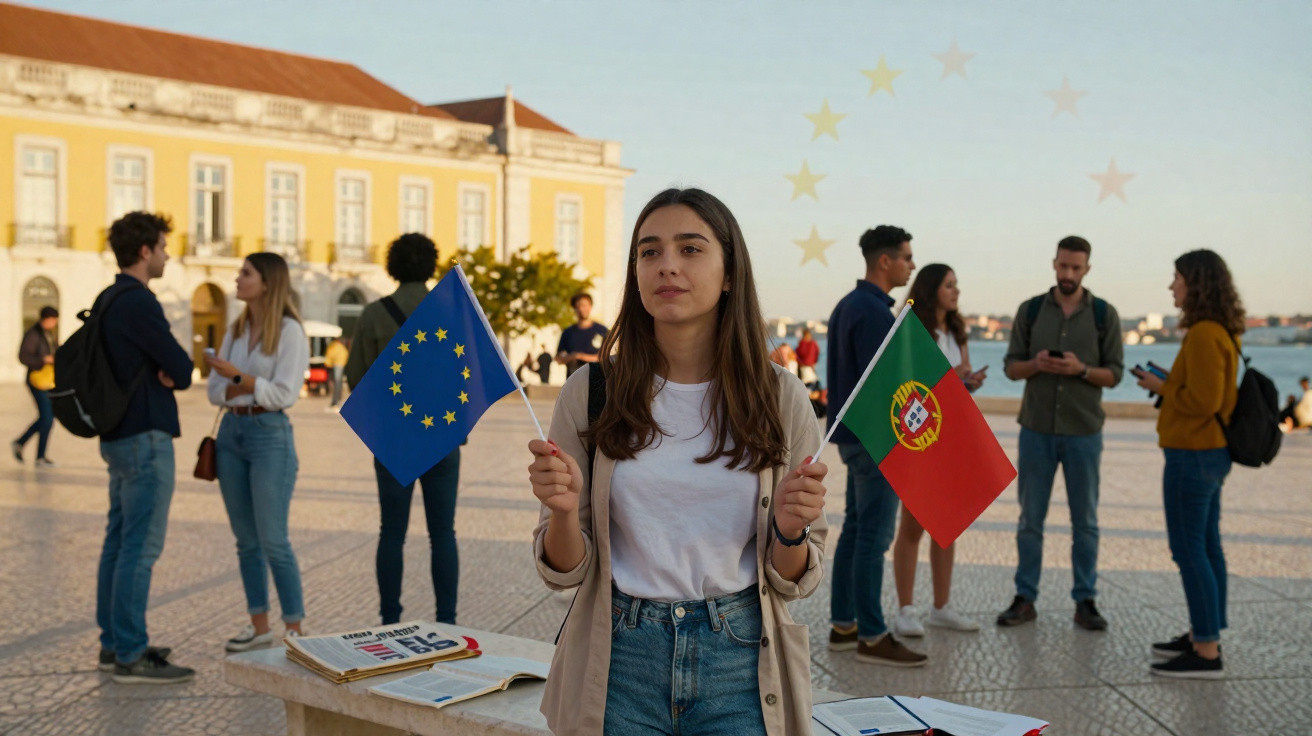 Jovem mulher segura bandeiras da UE e de Portugal, com grupo de pessoas e edifício histórico ao fundo.