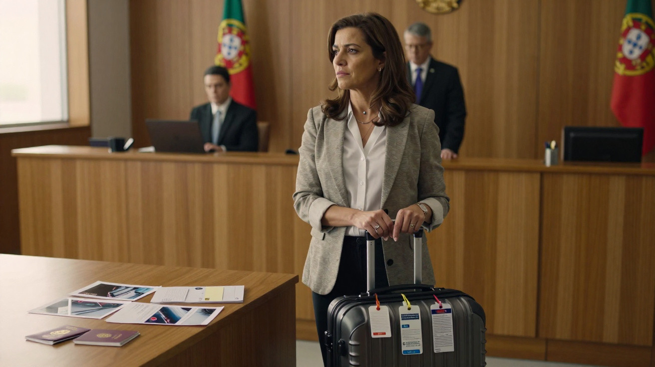 Mulher em tribunal com mala e documentos, com bandeiras de Portugal ao fundo e juízes ao fundo.