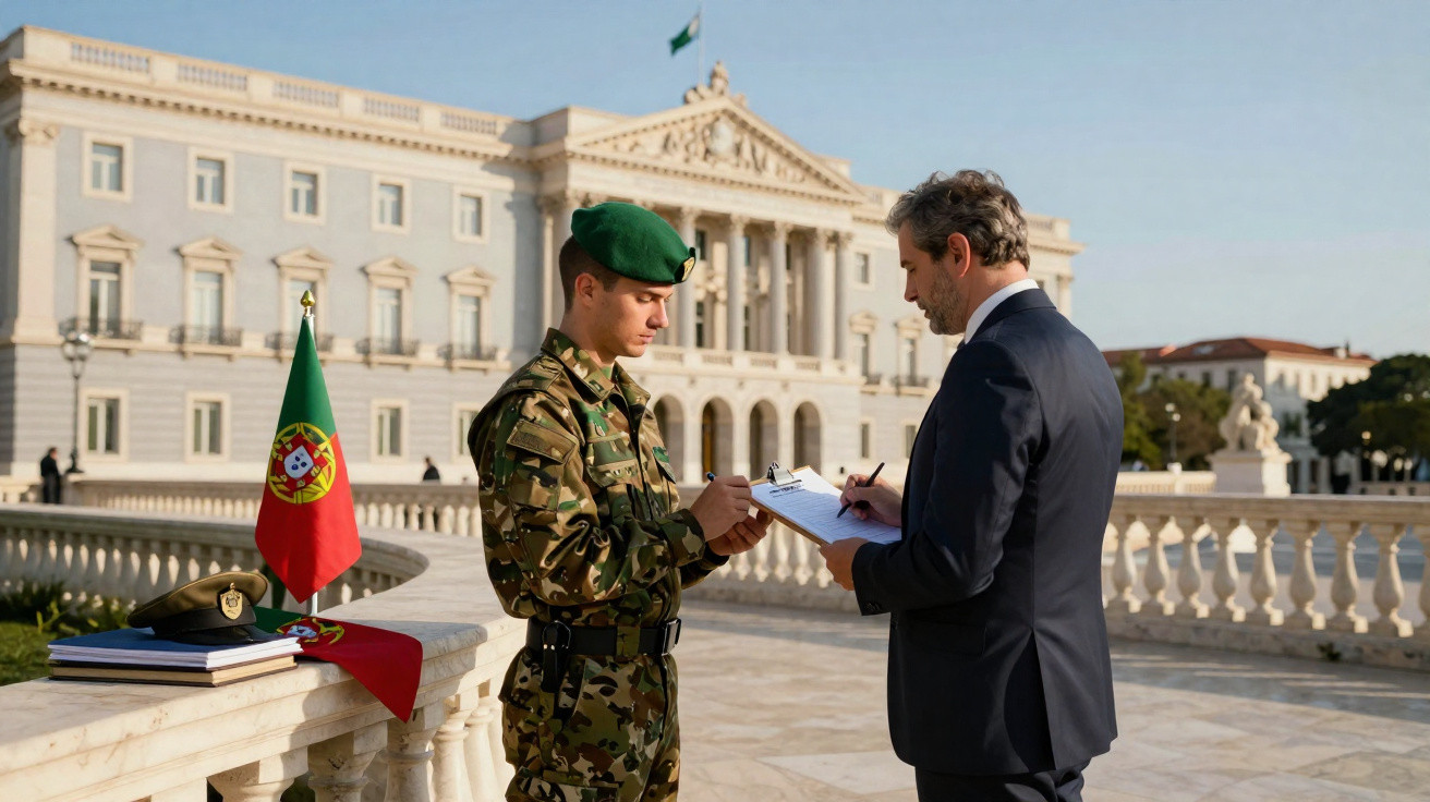 Soldado português e homem de fato junto a bandeira, à frente de edifício oficial em dia solarengo.