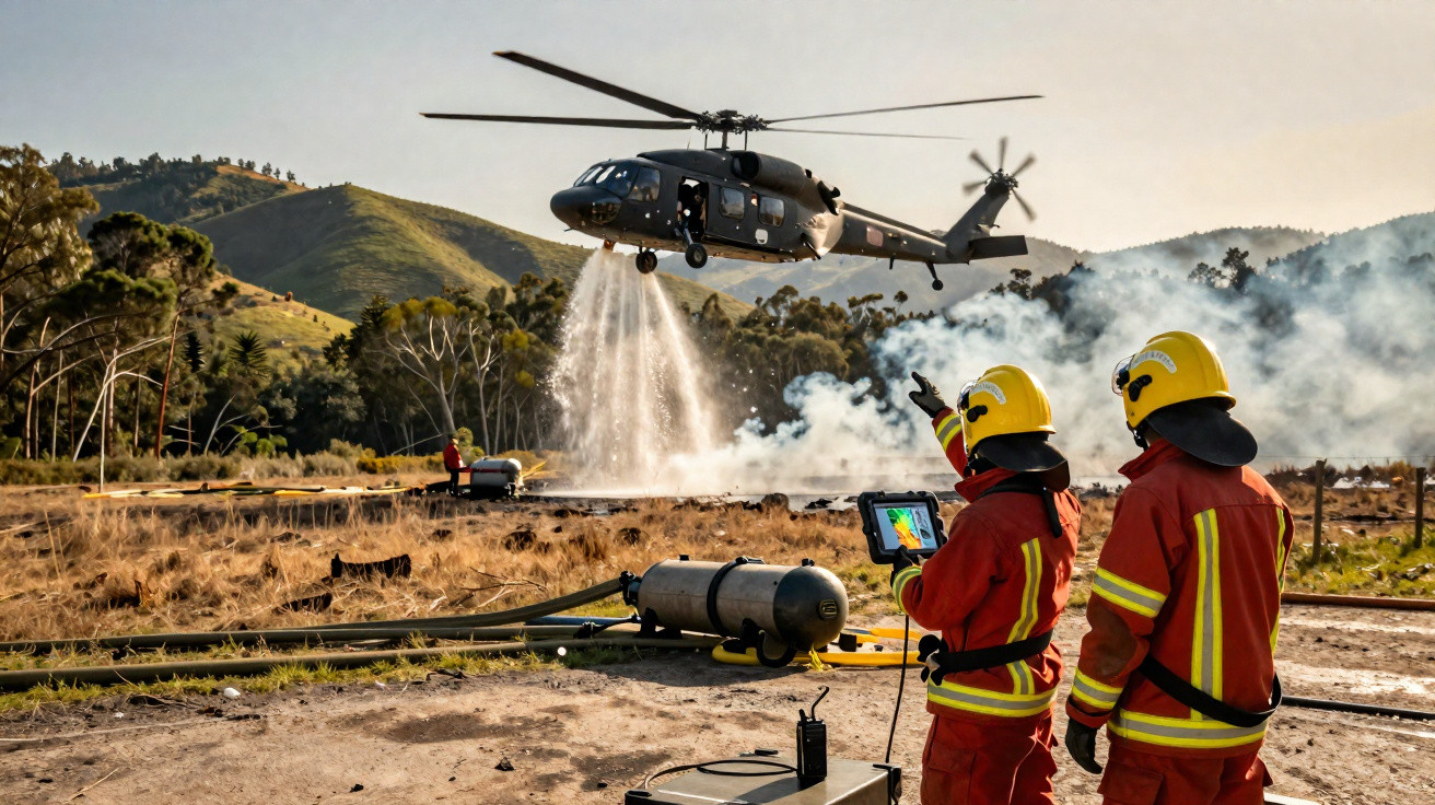 Helicóptero combate incêndio com água enquanto bombeiros observam e controlam operação numa paisagem rural.