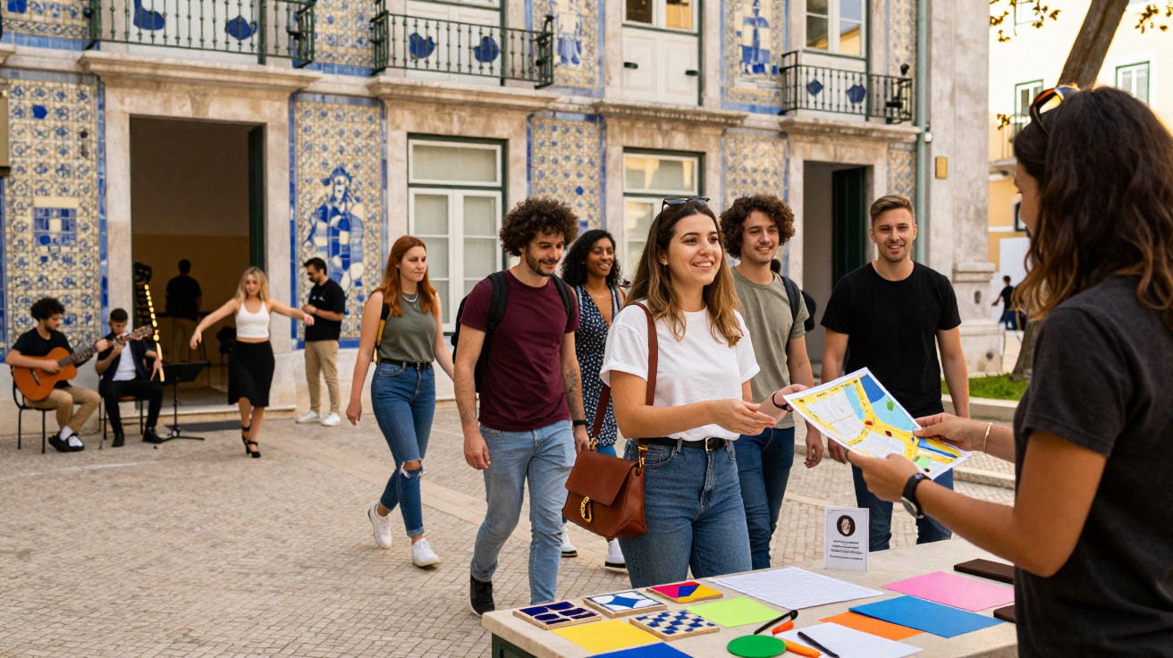 Jovens numa rua com azulejos a receber mapas turísticos numa mesa informativa ao ar livre.