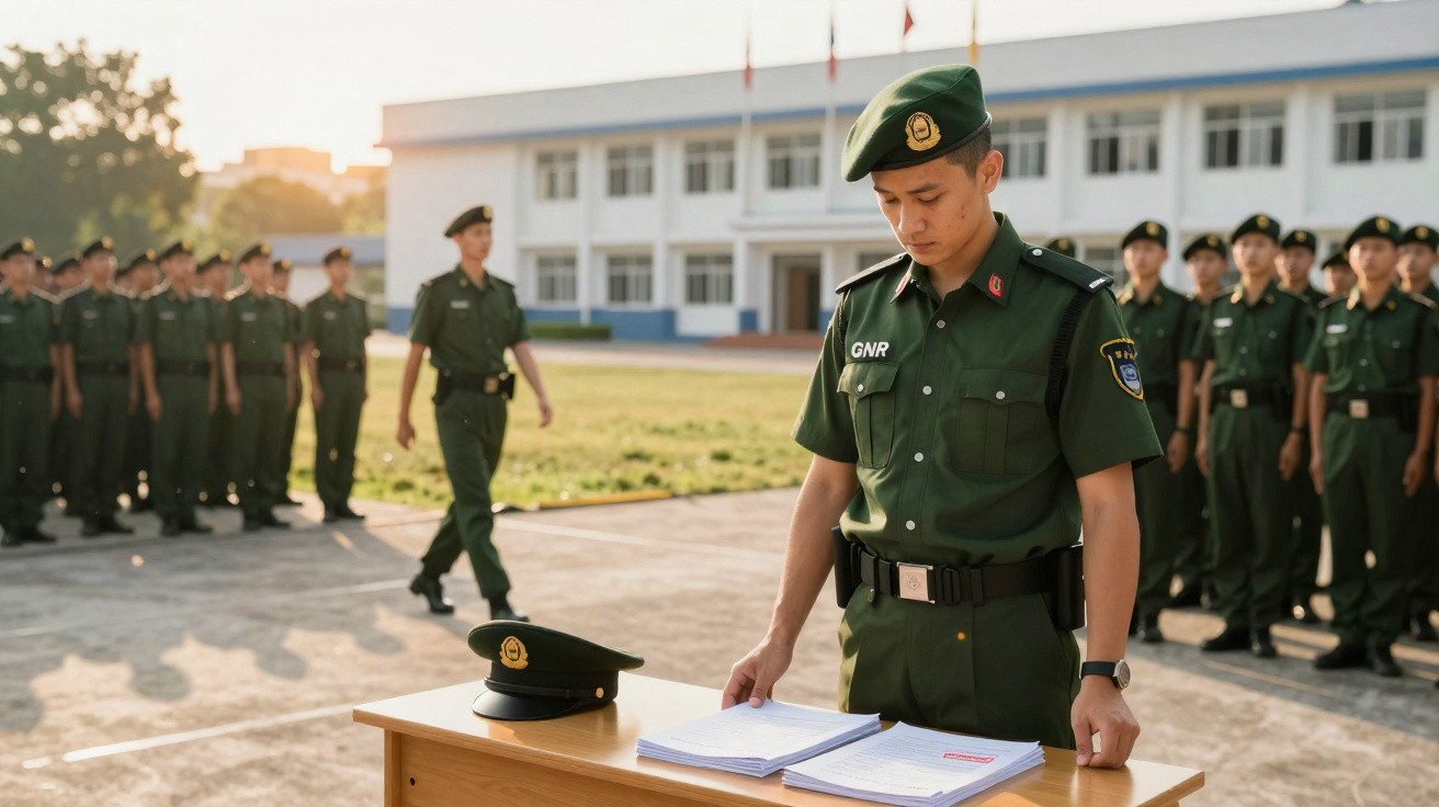 Polícia militar em uniforme verde a ler documentos numa secretária com grupo em formação ao fundo.