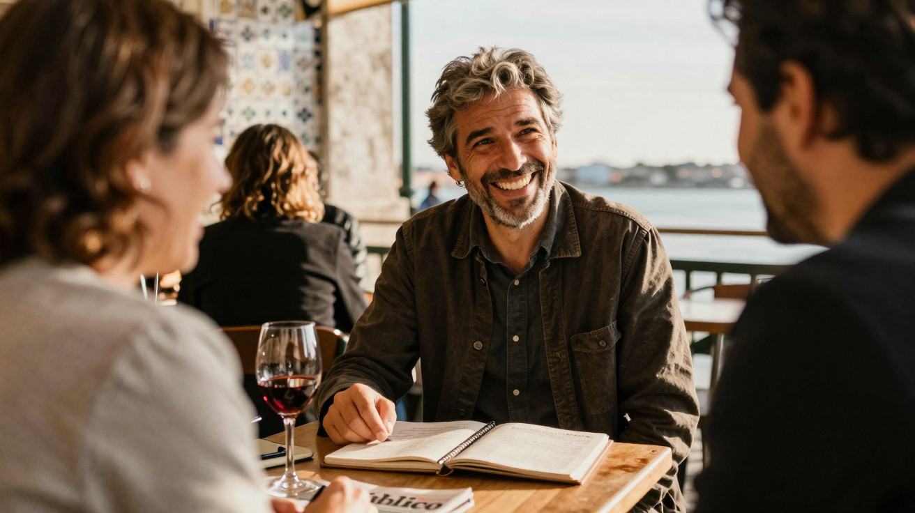 Homem sorridente com livro aberto conversa com duas pessoas num café com vista para rio.