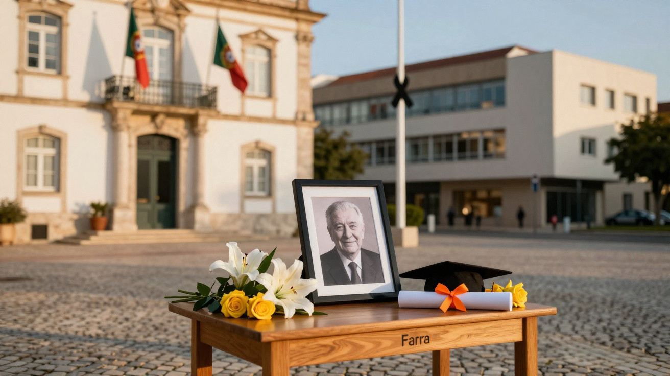 Mesa com flores, foto a preto e branco de um homem, capelo e diploma num espaço público de pavê coberto.