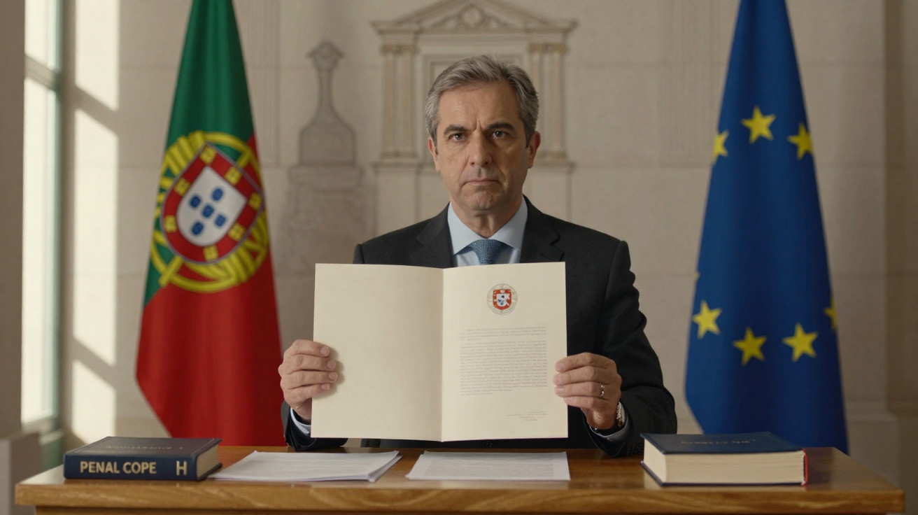 Homem sério de terno mostra documento oficial sentado entre bandeiras de Portugal e da União Europeia.