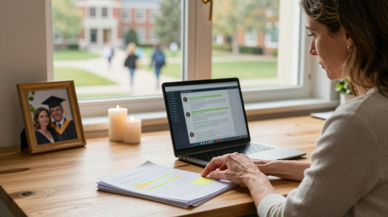 Mulher a trabalhar em documentos destacados com post-its, em secretária com portátil e vela, junto a janela.