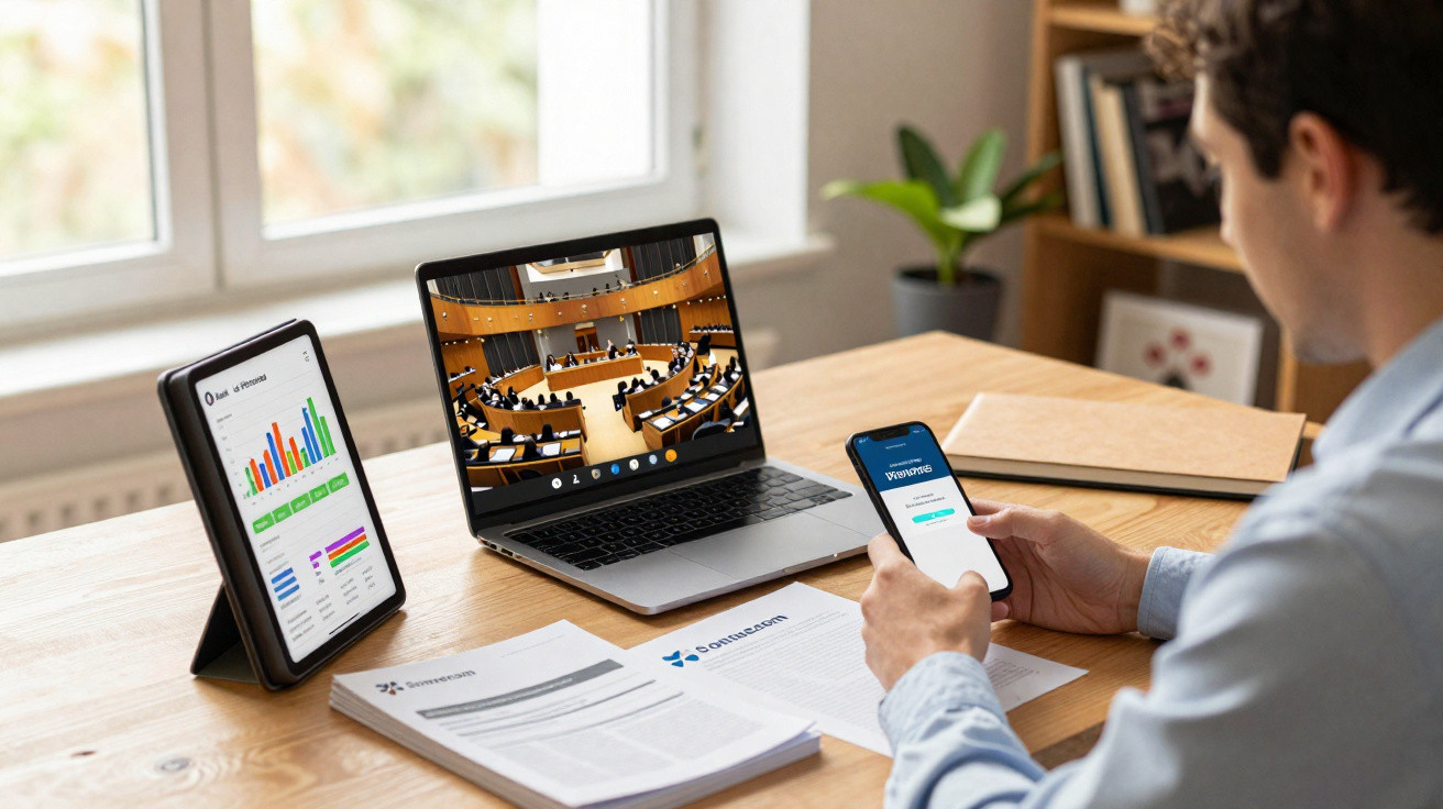 Pessoa sentada a trabalhar numa mesa com laptop, tablet, smartphone e documentos de negócios.
