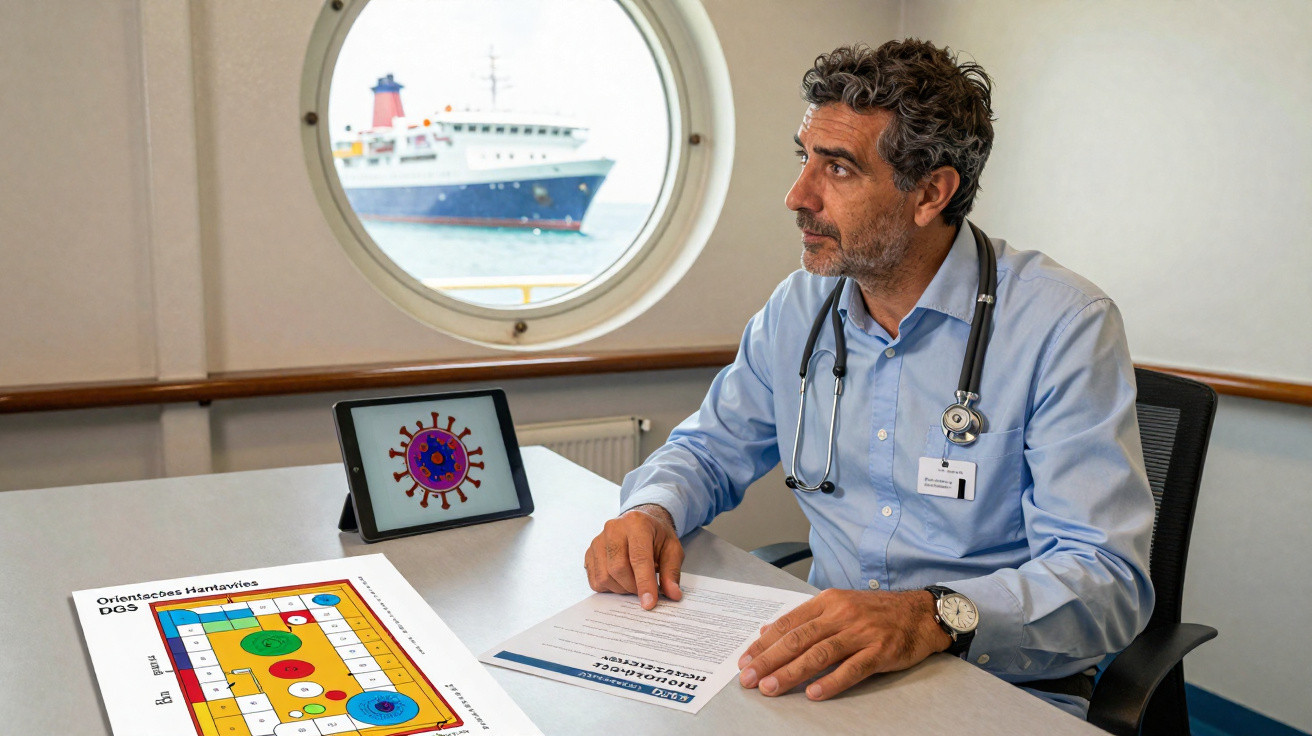 Médico sentado num escritório com esteto, documentos, tablet com imagem de vírus e vista para um navio.