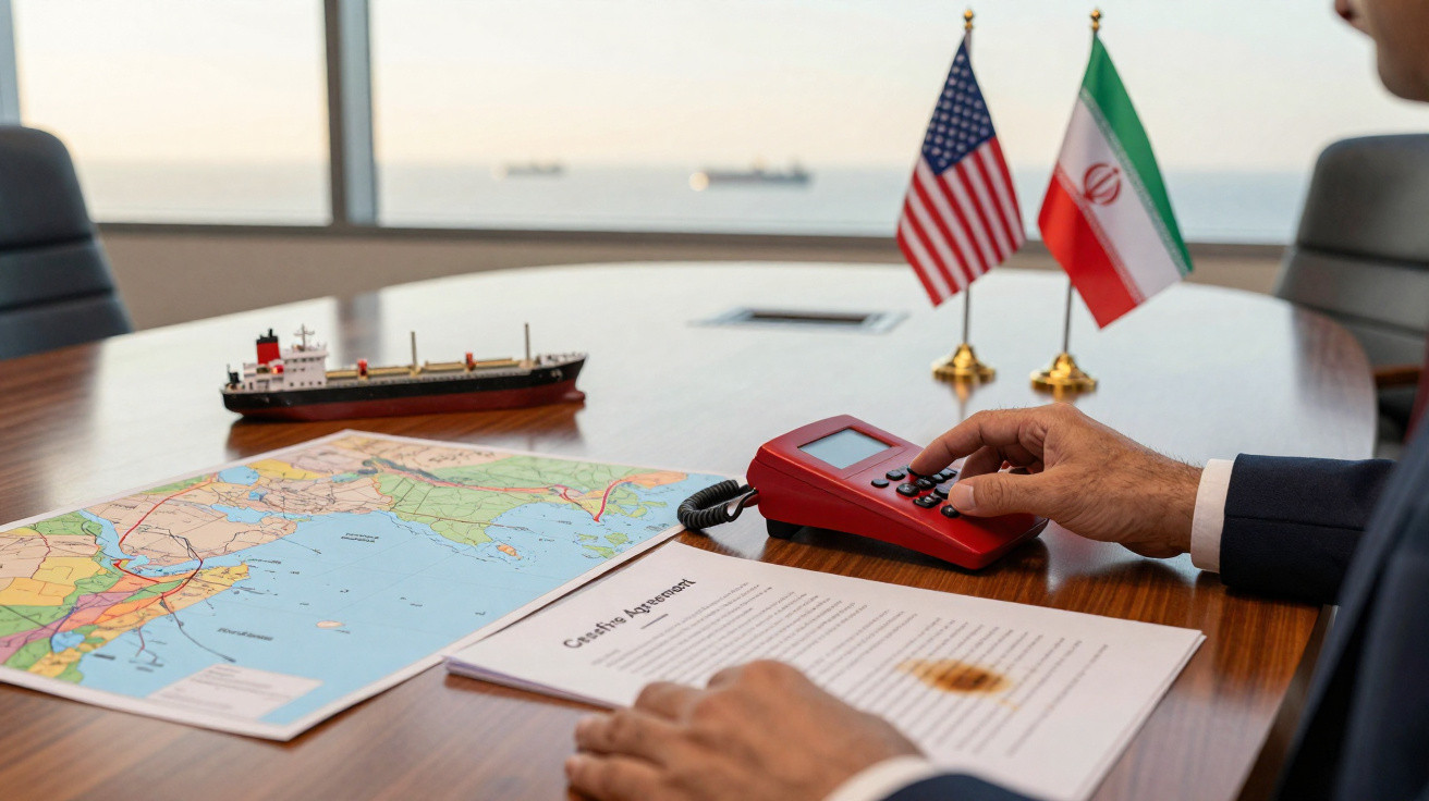 Mesa de reunião com mapa, maquete de navio, documento, telefone vermelho e bandeiras dos EUA e Irão.