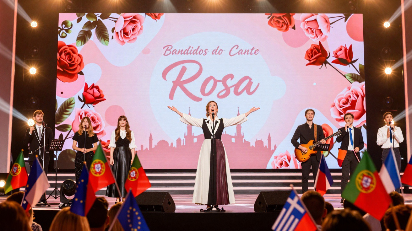 Banda Bandidos do Cante Rosa a atuar no palco com fundo decorado de rosas e público com bandeiras.
