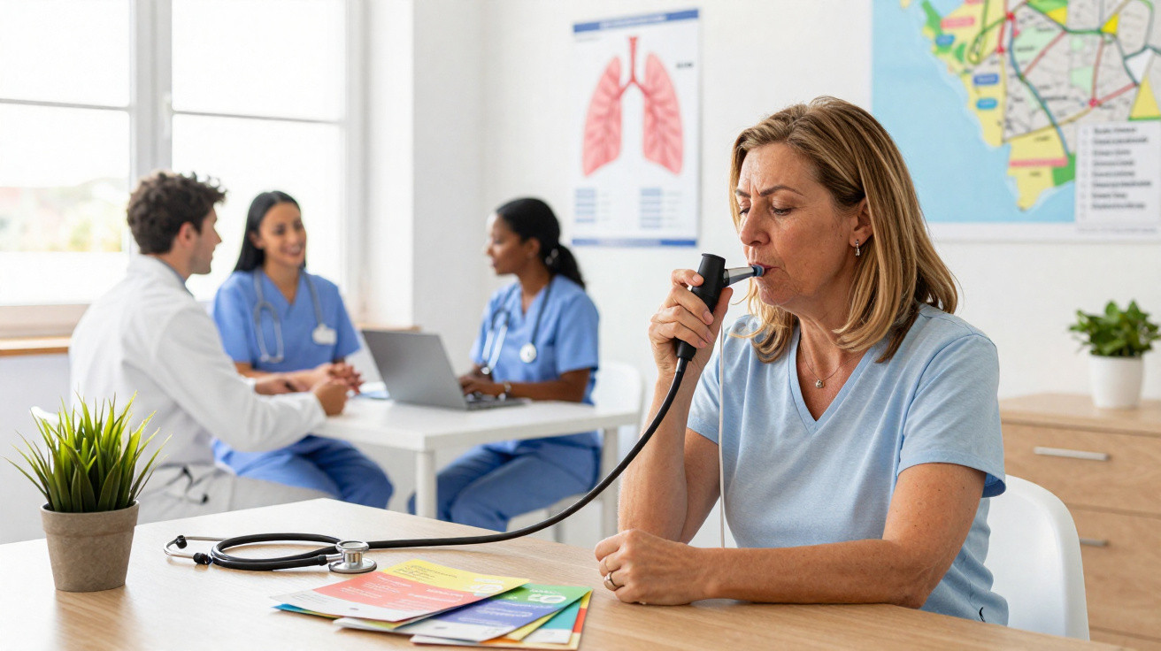 Mulher a fazer teste respiratório com médico e enfermeiras em consulta num consultório clínico.