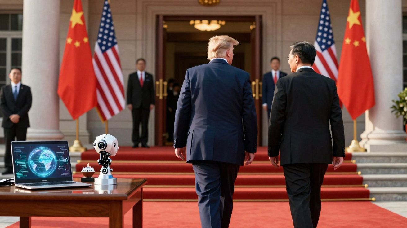 Dois líderes com bandeiras dos EUA e China ao fundo, numa cerimónia oficial com robô e laptop numa mesa à esquerda.