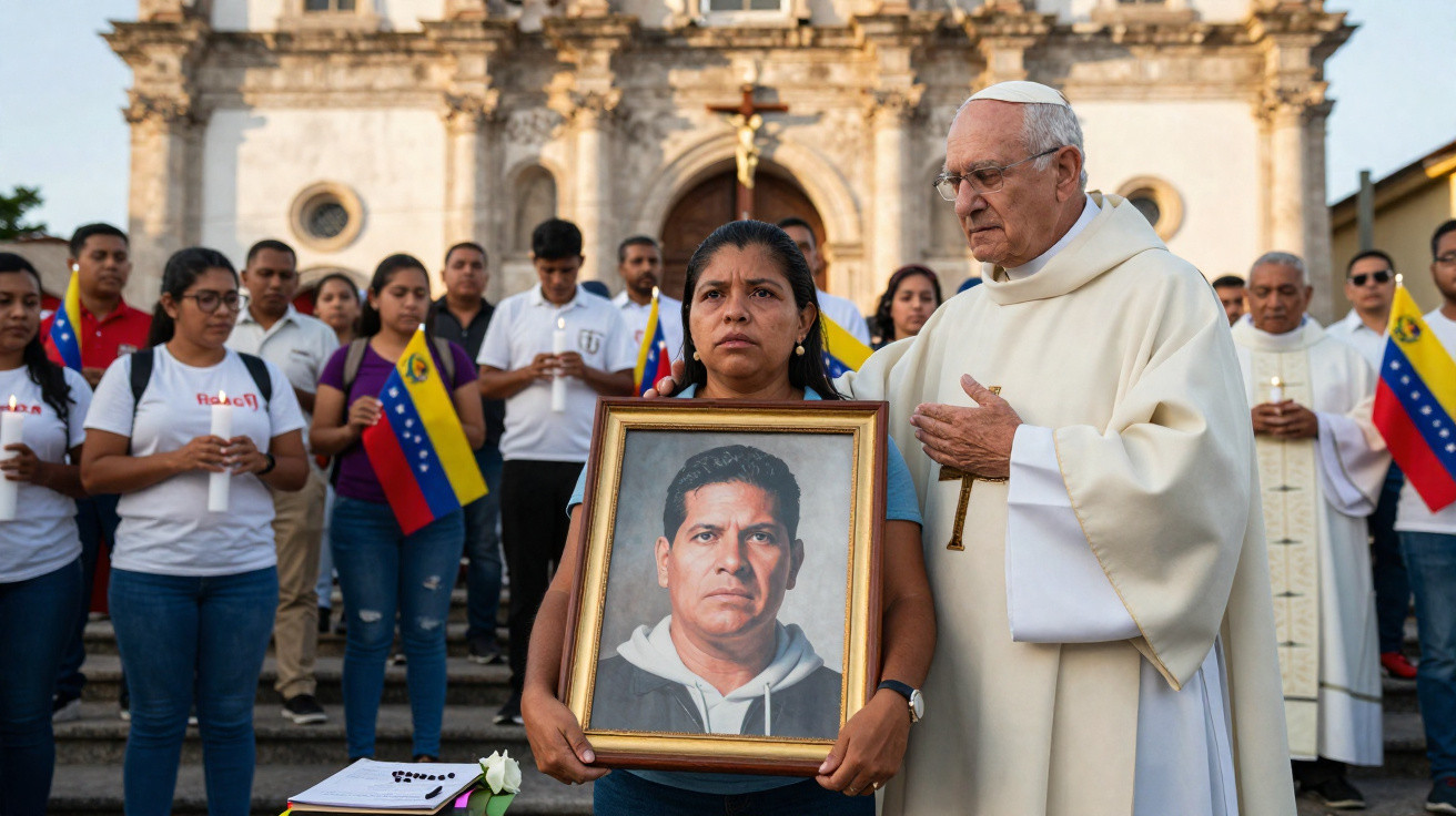 Mulher segura retrato de homem enquanto padre reza com grupo segurando velas e bandeiras diante de igreja.