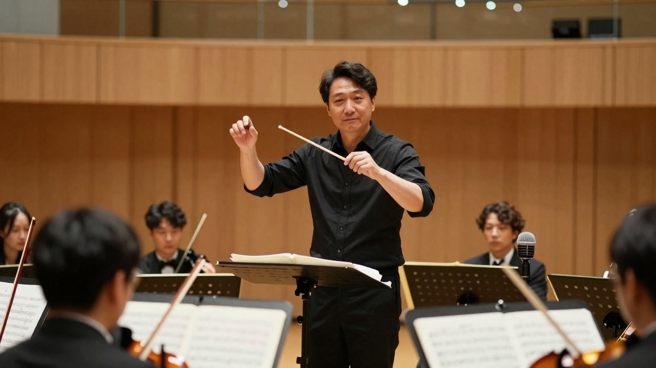 Maestro a reger orquestra clássica com músicos concentrados e partitura em sala de concerto moderna.