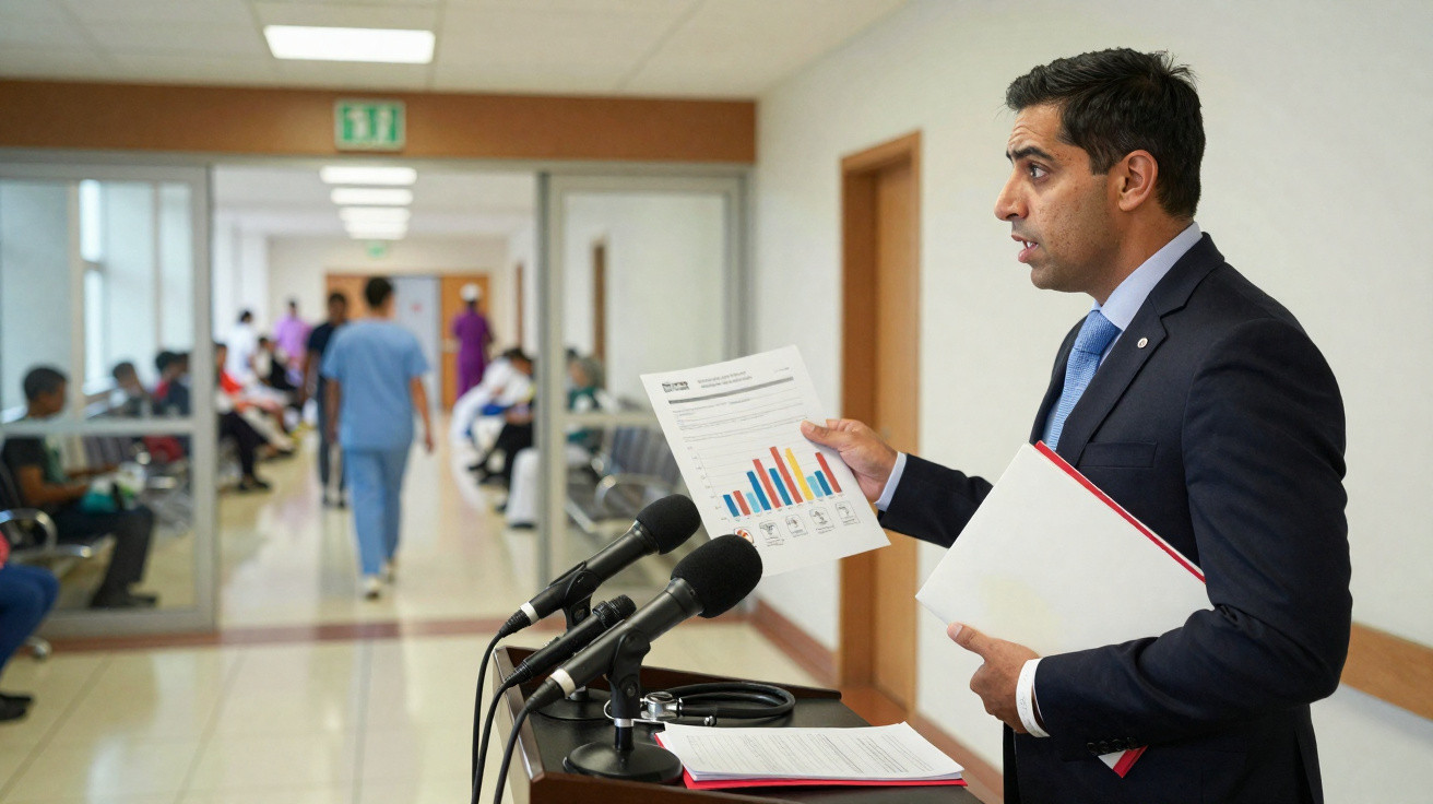 Homem de fato a apresentar gráfico numa conferência de imprensa num hospital movimentado.