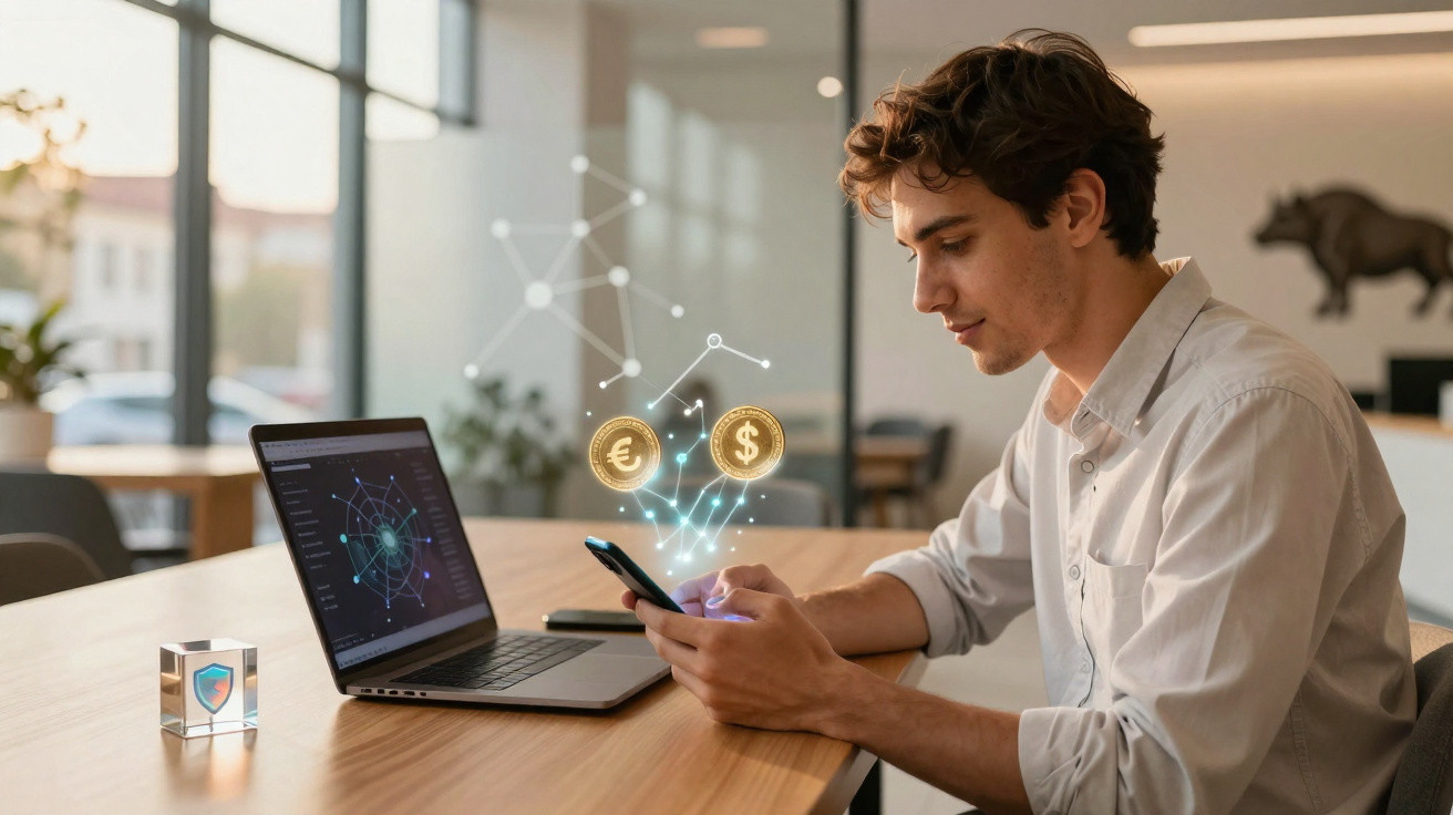 Homem jovem usa telemóvel com laptop aberto e símbolos de moeda digital em escritório moderno.