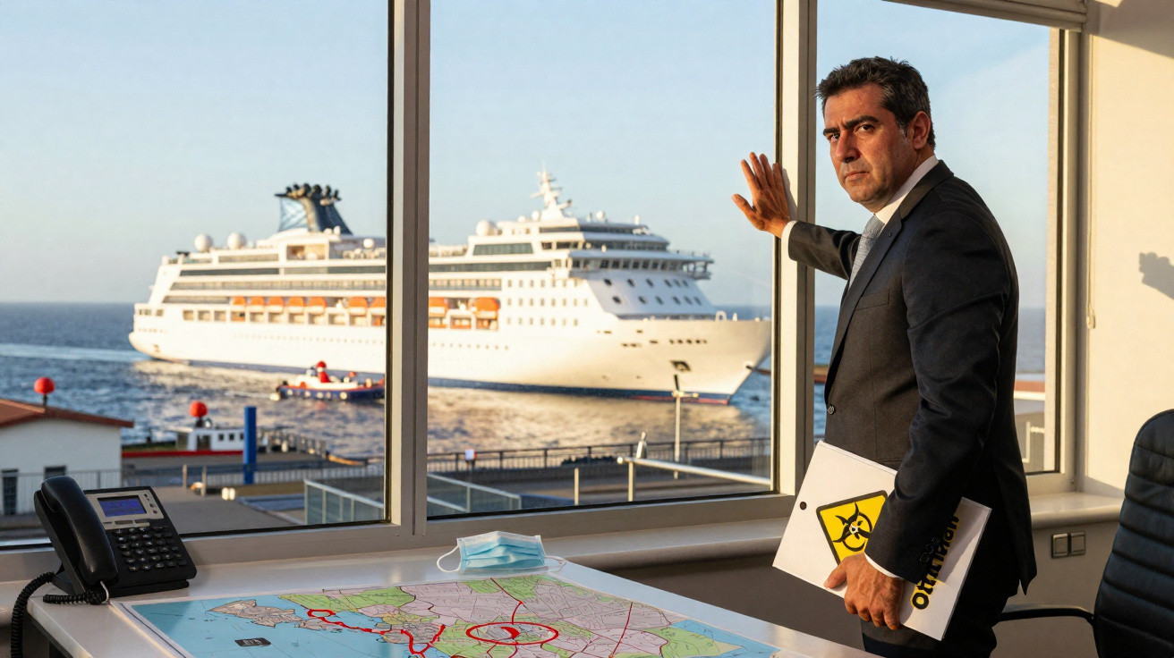 Homem de fato junto a janela observa navio de cruzeiro no porto, com mapa e máscara sobre mesa.