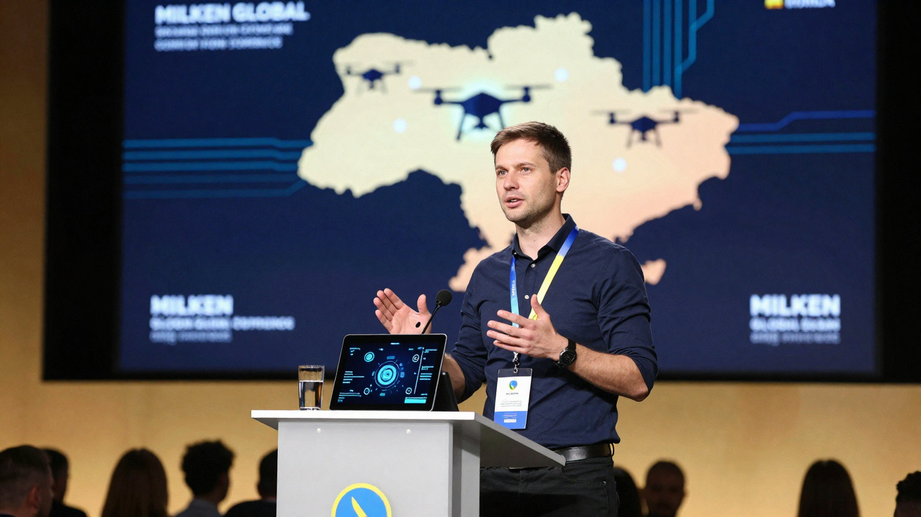 Homem a apresentar numa conferência com mapa e drones no ecrã atrás, usando crachá e camisa azul.