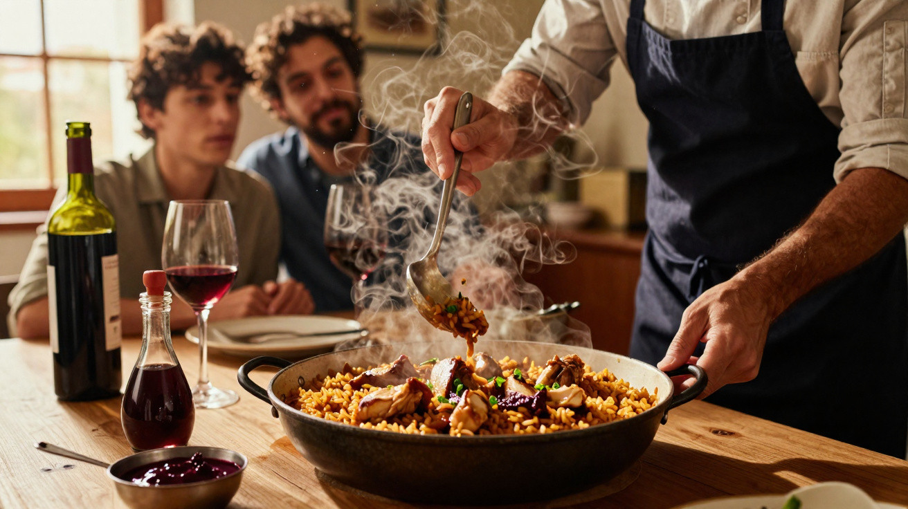 Pessoa a servir paelha fumegante enquanto duas pessoas observam à mesa com copos de vinho tinto.