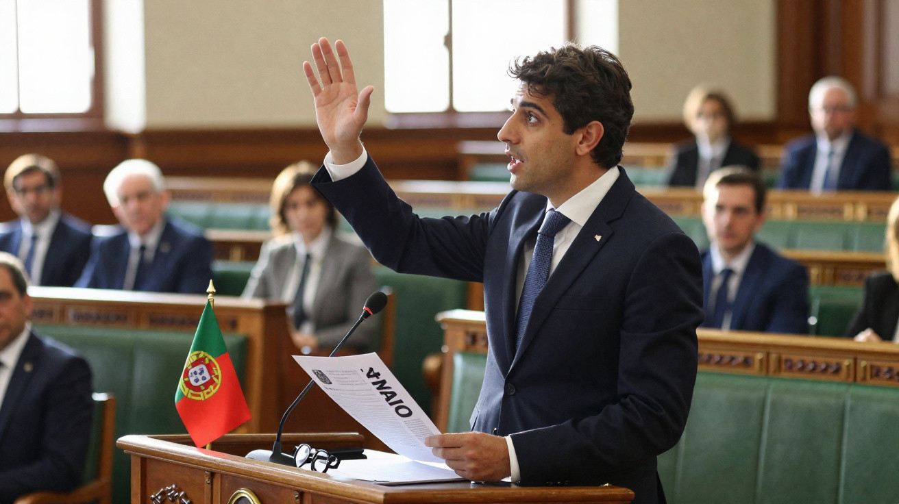 Político a discursar no parlamento português, segurando papel com data 5 de maio e bandeira de Portugal na tribuna.