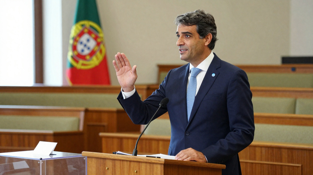 Homem a discursar em púlpito numa sala oficial com bandeira de Portugal ao fundo.