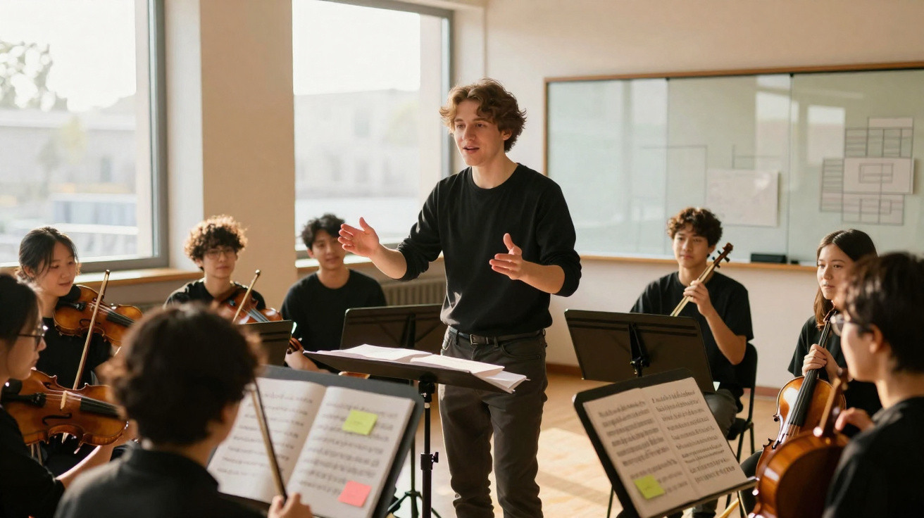 Professor de música a reger um grupo de jovens músicos com violinos numa sala iluminada.