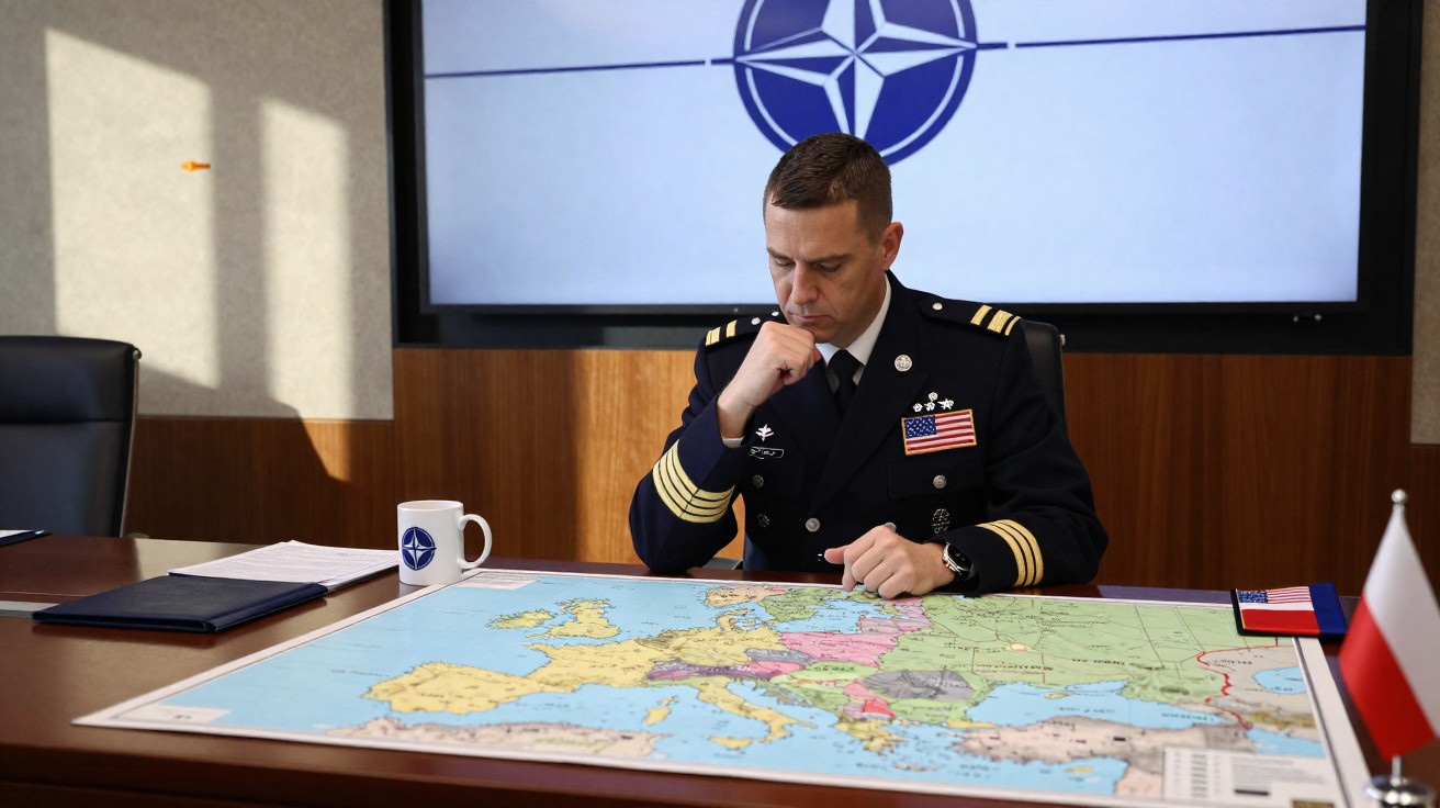 Militar em uniforme com bandeira dos EUA a analisar mapa da Europa numa sala com símbolo da NATO ao fundo.