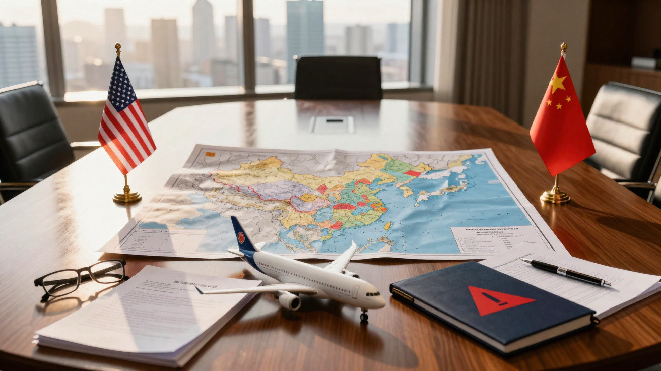 Mesa de reunião com mapa da China, bandeiras dos EUA e China, avião de brinquedo, documentos e caneta.