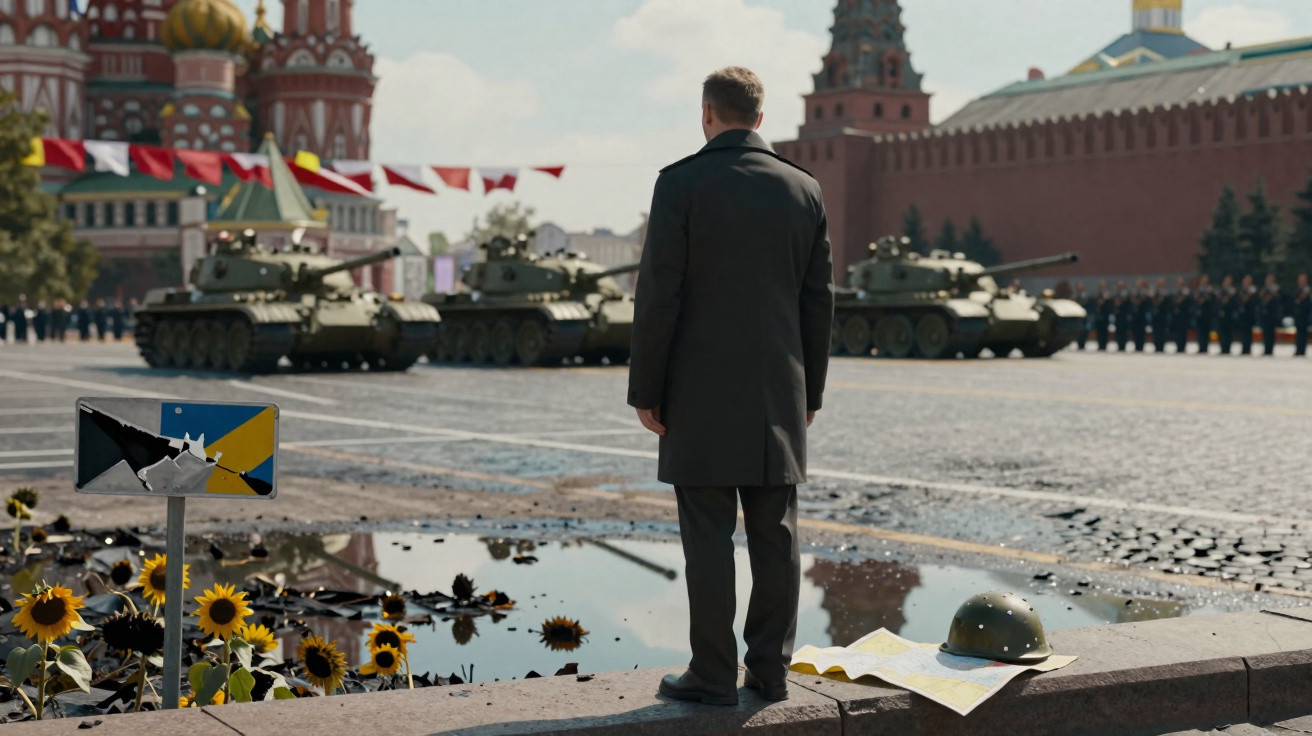 Homem de costas observa desfile militar com tanques, flores e capacete no chão, em praça histórica.