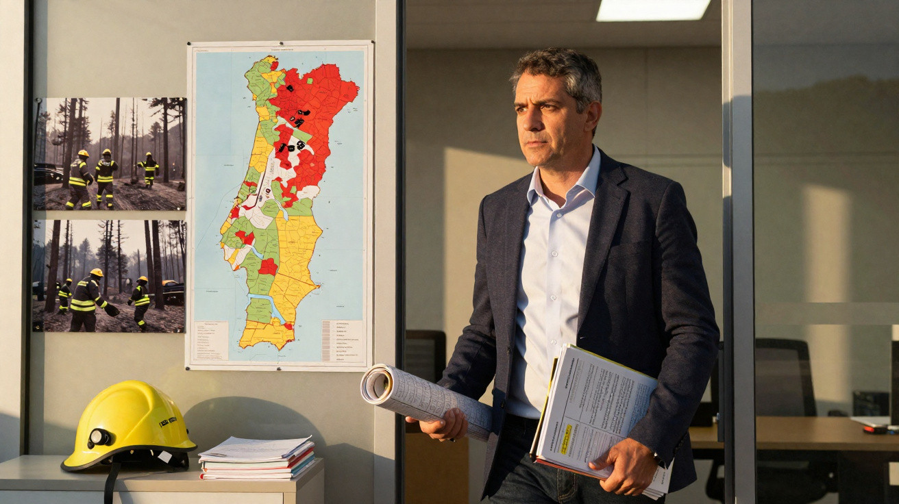 Homem de fato azul segura documentos junto a mapa e fotos de incêndios, com capacete amarelo sobre mesa.