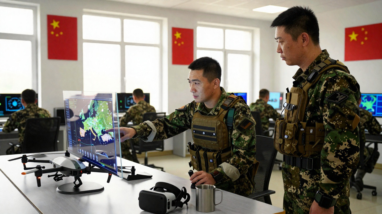 Dois militares chineses em uniformes operam sistemas tecnológicos num gabinete com drones e ecrãs digitais.