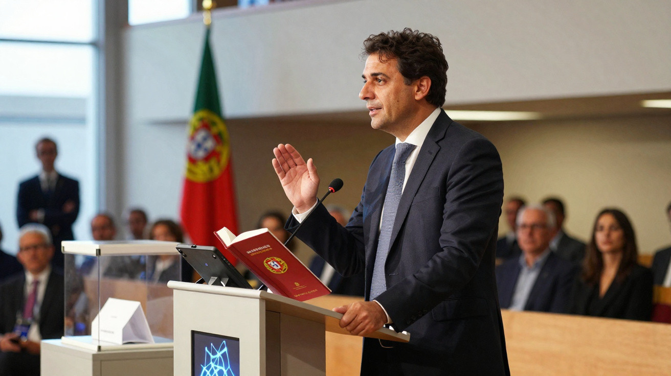 Homem em fato a discursar numa cerimónia oficial com a bandeira de Portugal ao fundo.