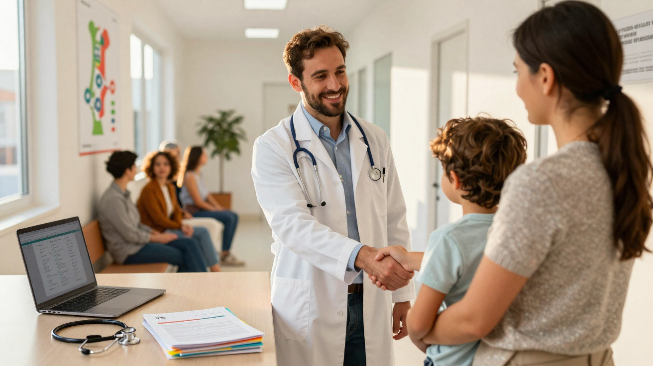 Médico cumprimenta criança enquanto mãe observa na clínica, com outras pessoas sentadas na sala de espera.
