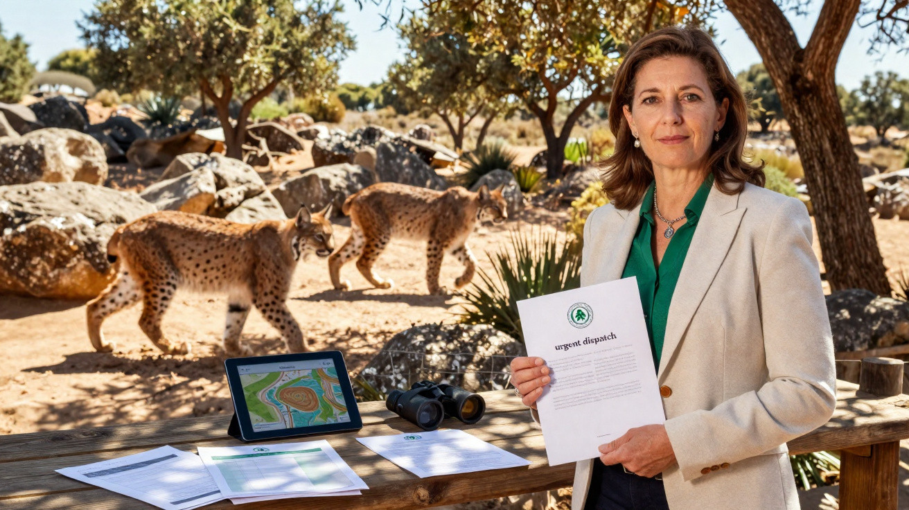 Mulher segura documento junto a mesa com mapas e binóculos, com dois linces em ambiente natural ao fundo.