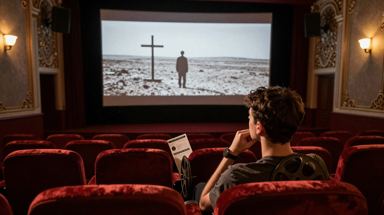 Jovem sentado numa sala de cinema vazia a ver filme em preto e branco com cruz e figura humana na tela.