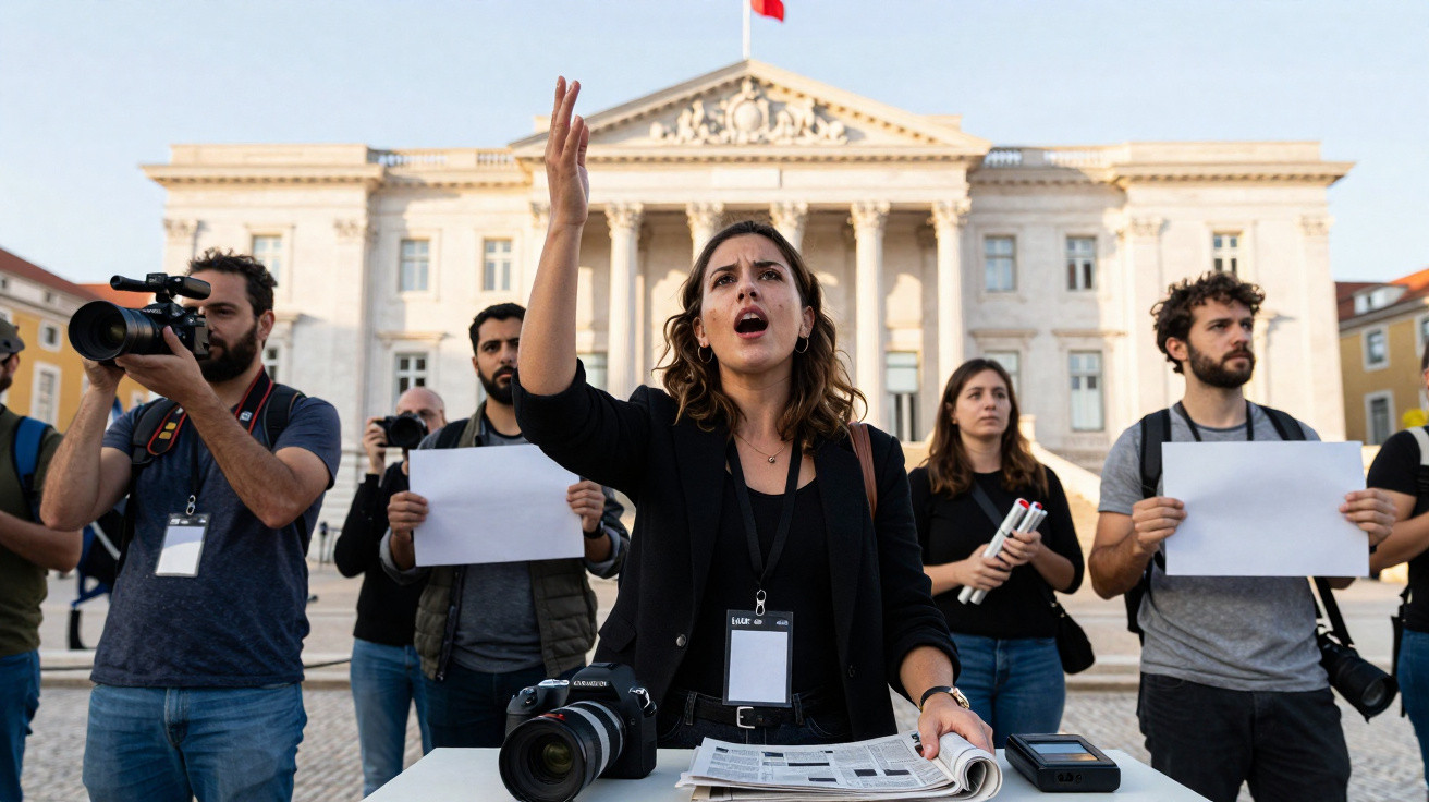Grupo de jornalistas em manifestação à frente de edifício oficial com uma mulher a falar em destaque.