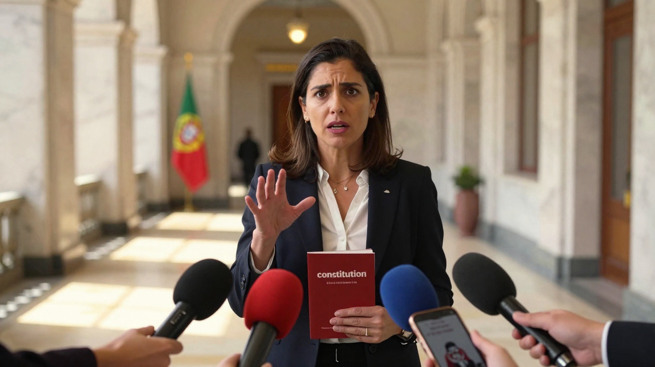 Mulher com roupa formal segura Constituição e fala para microfones em corredor com bandeira de Portugal ao fundo.
