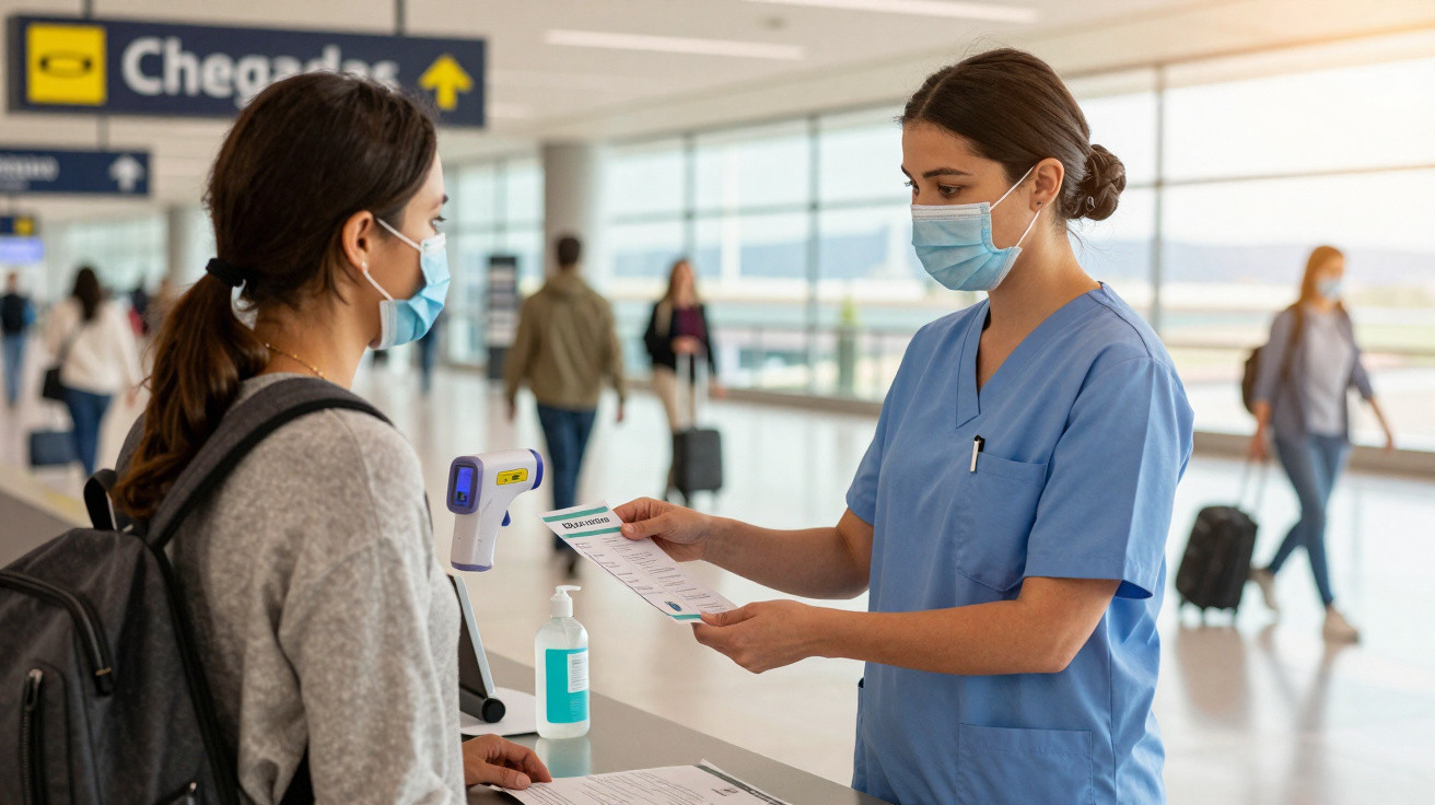 Funcionária de saúde com máscara aponta documento para passageira num balcão de aeroporto em chegada.