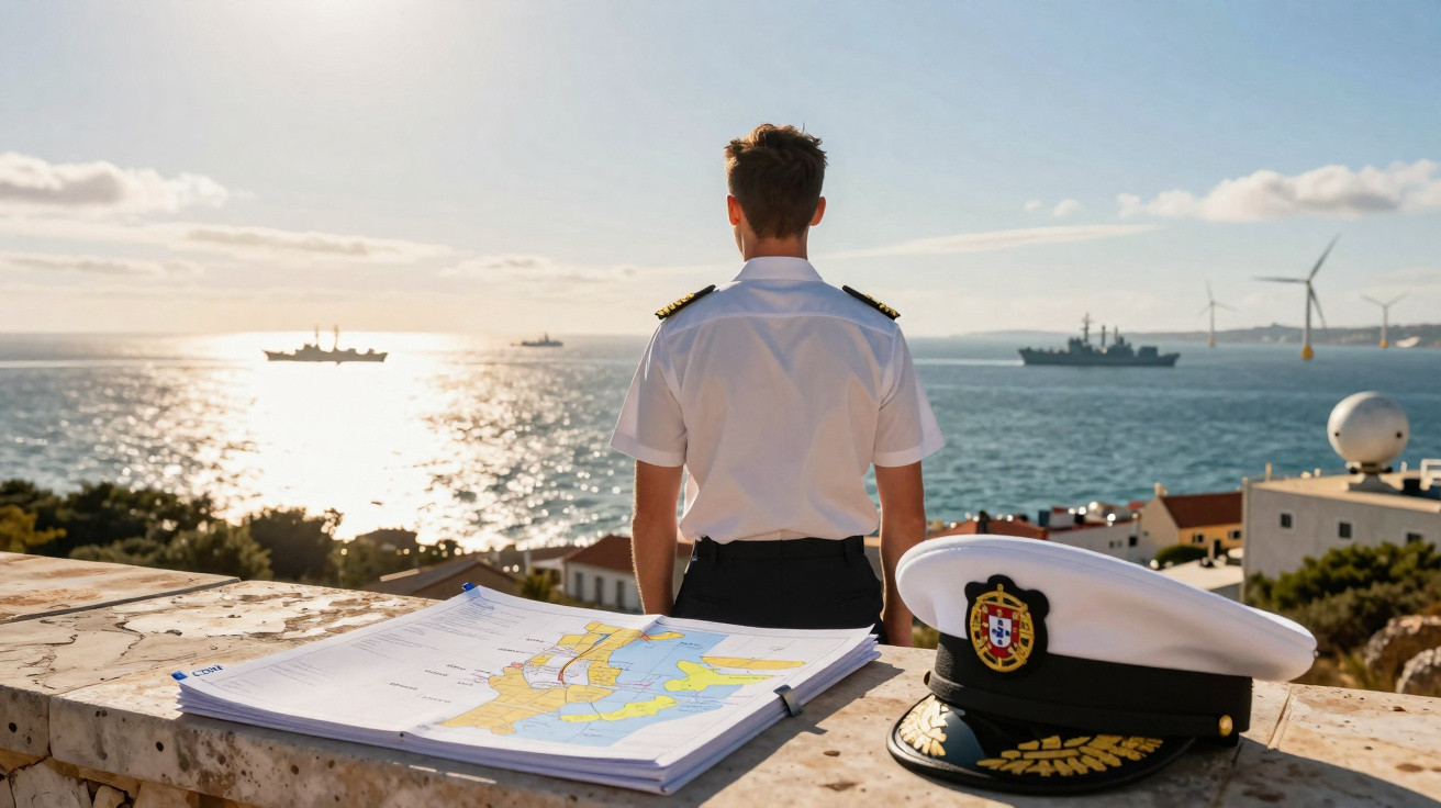 Marinheiro de costas observa navios no mar ao pôr do sol com mapa e chapéu naval em primeiro plano.