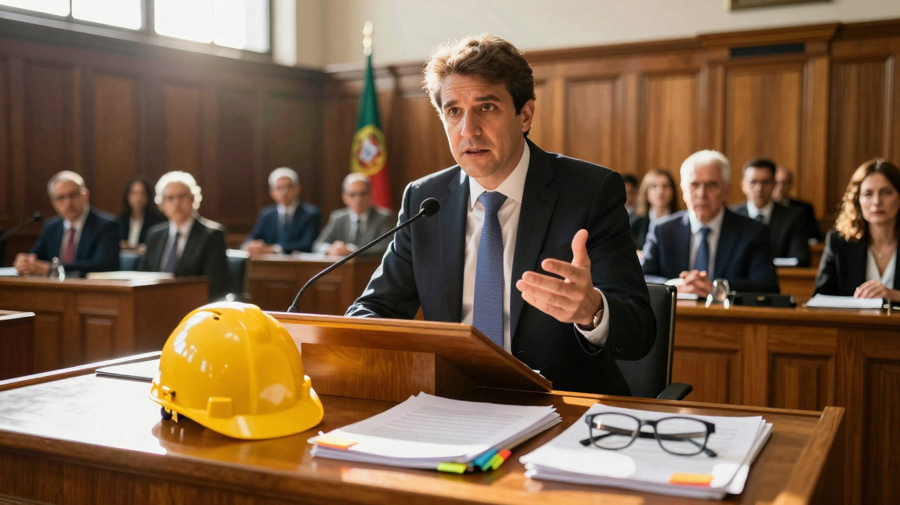 Homem de fato fala com microfone em tribunal com capacete amarelo e documentos na mesa, bandeira de Portugal ao fundo.