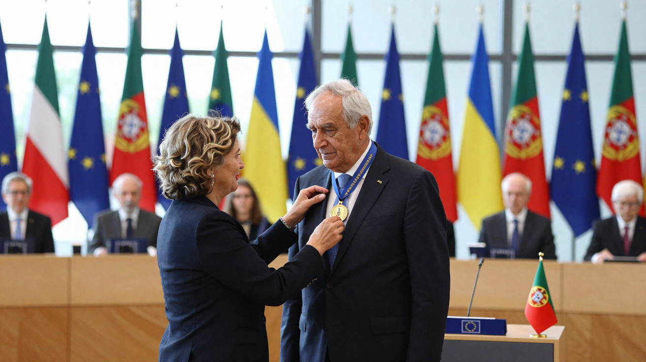 Cerimónia de entrega de medalha a homem idoso com bandeiras europeias ao fundo.