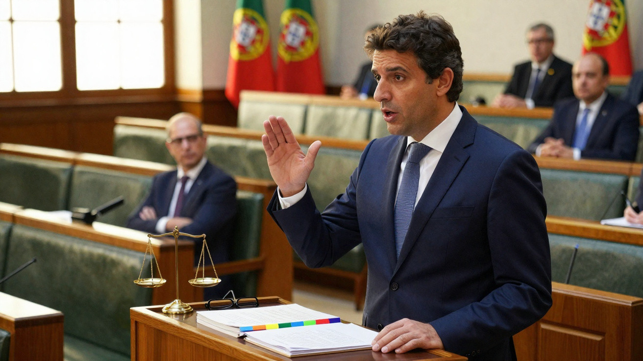Homem a prestar juramento numa assembleia, com bandeiras de Portugal ao fundo e pessoas sentadas.