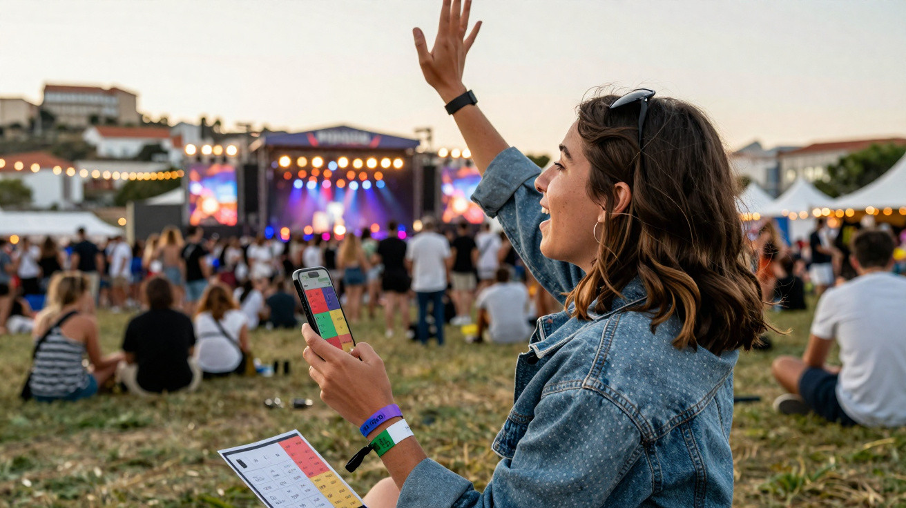 Jovem com vestido azul segura telemóvel e acena num festival ao ar livre com palco iluminado ao fundo.