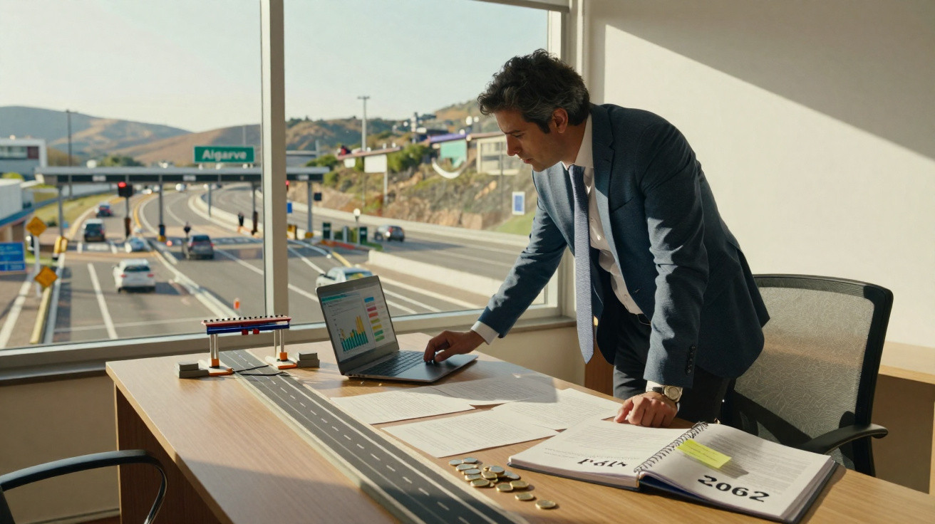 Homem de fato a analisar dados num portátil junto a maquete de estrada num escritório com vista para a autoestrada Algarve.